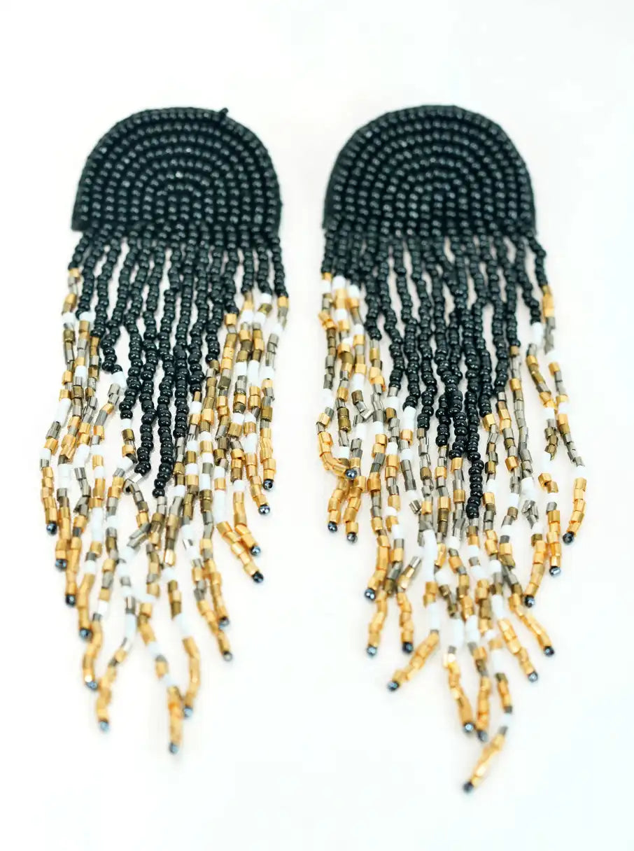 Black Beaded Tassel Earrings