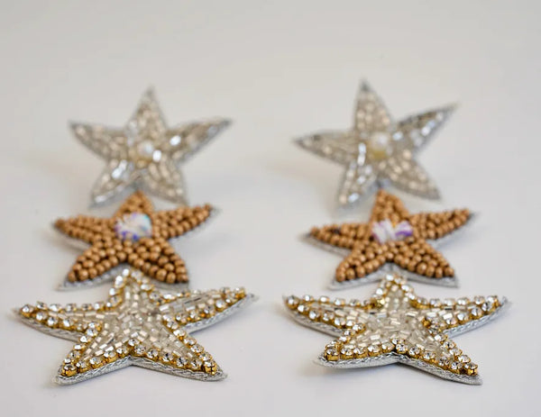 Gold & Silver Triple Star Stud Earrings