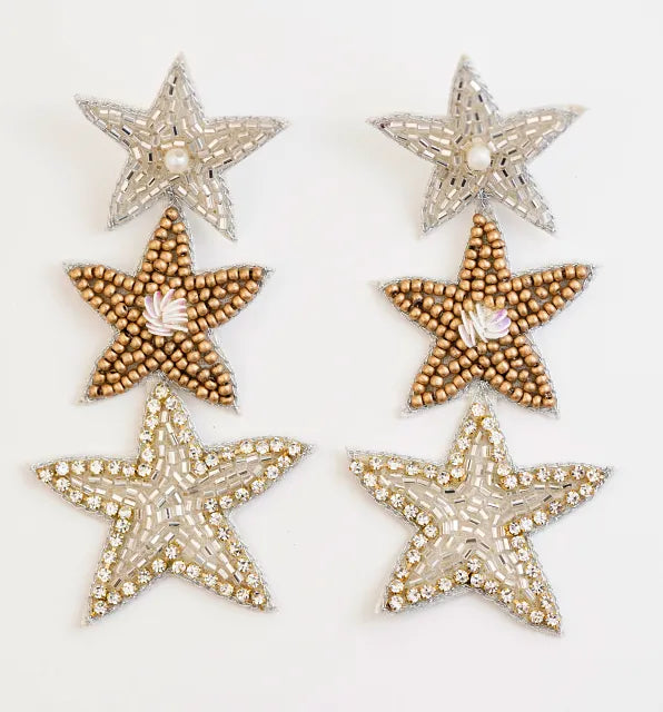 Gold & Silver Triple Star Stud Earrings