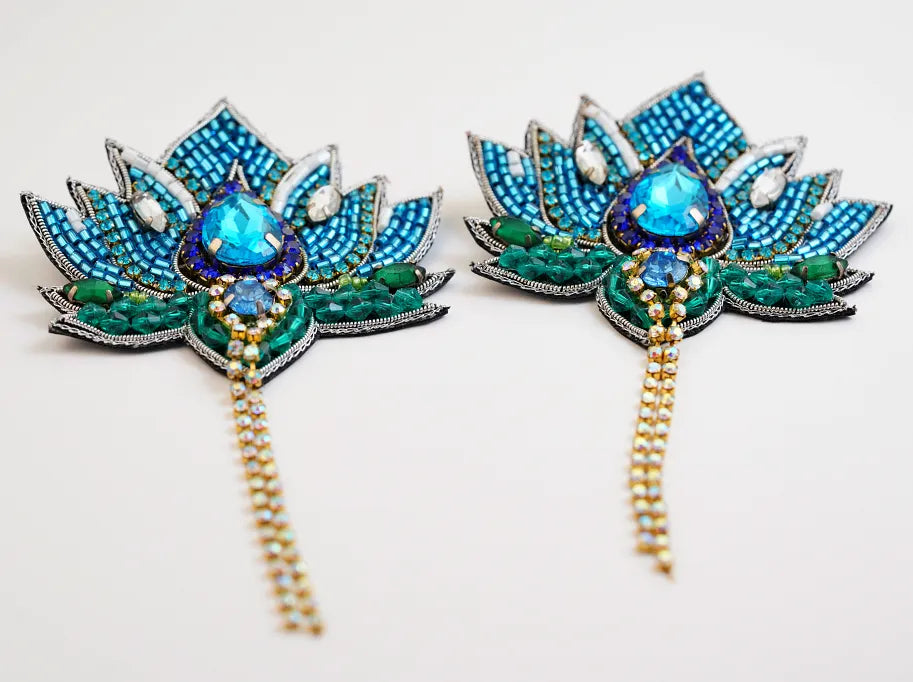 Blue Lotus Chain Drop Earrings