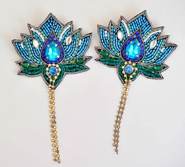 Blue Lotus Chain Drop Earrings