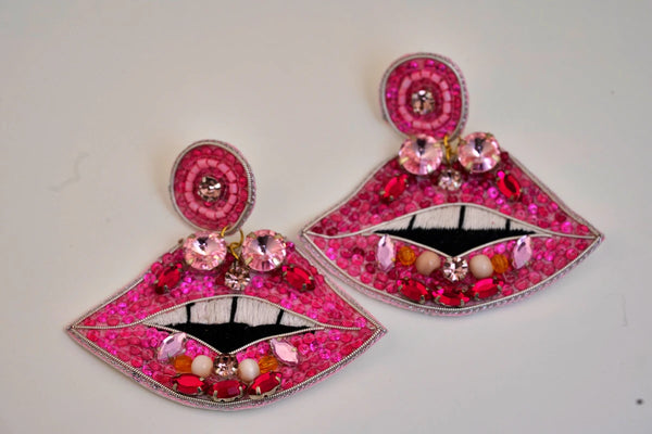 Pink Lips Beaded Earrings